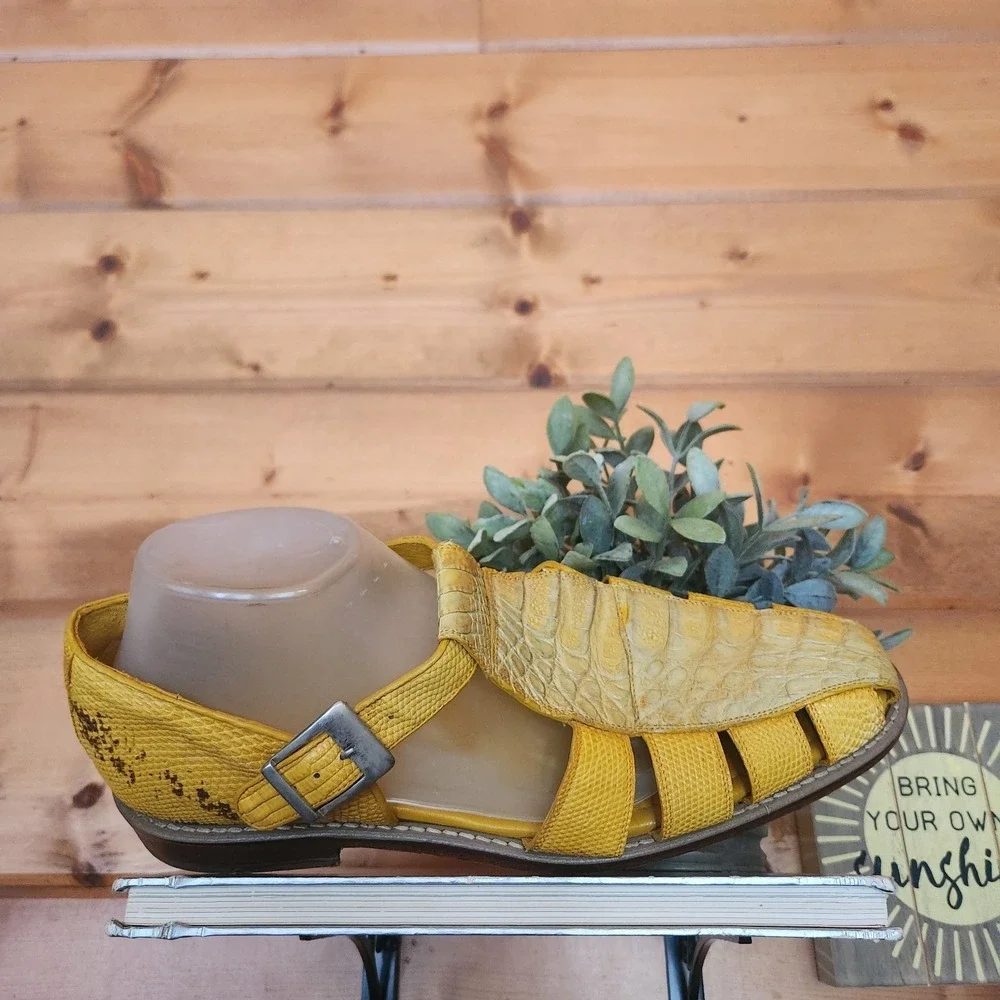 Belvedere Fabrizio Yellow Crocodile Lizard Leather Exotic Fisherman Sandals 9.5